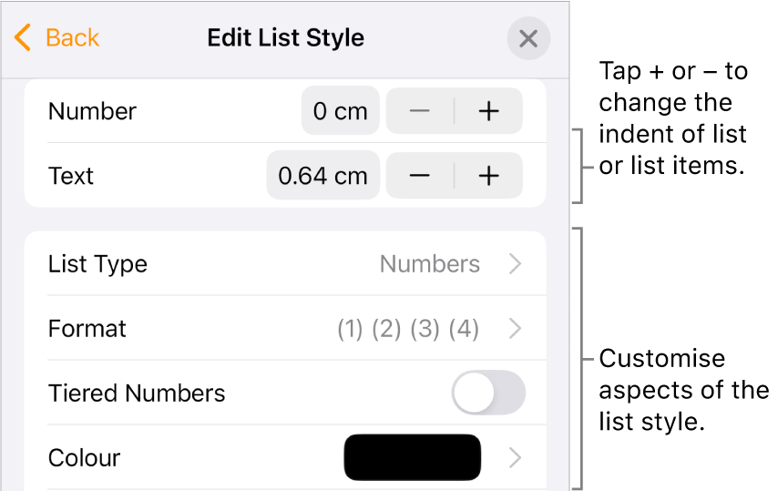 Edit List Style menu with controls for indent spacing, list type and format, tiered numbers and line spacing.