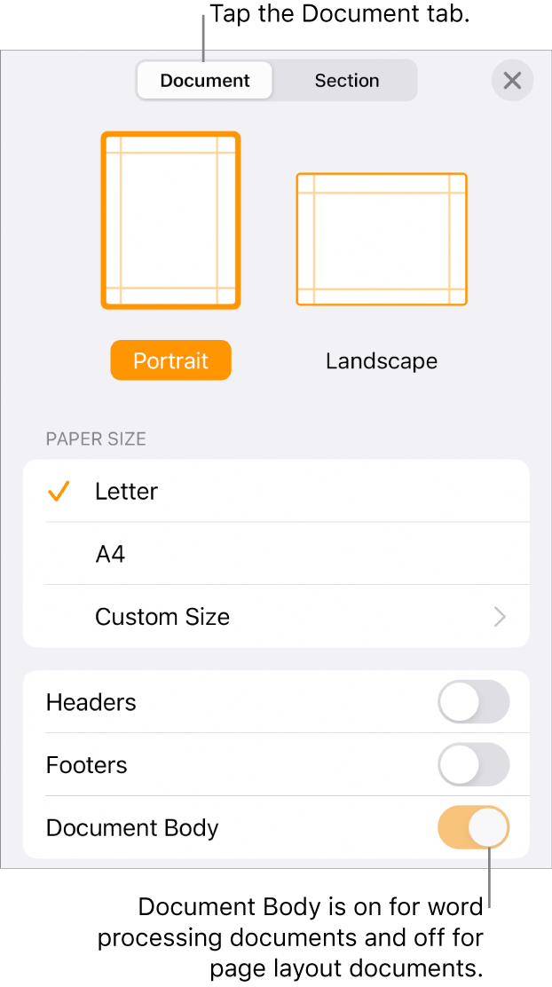 The Document format controls with Document Body turned on near the bottom of the screen.