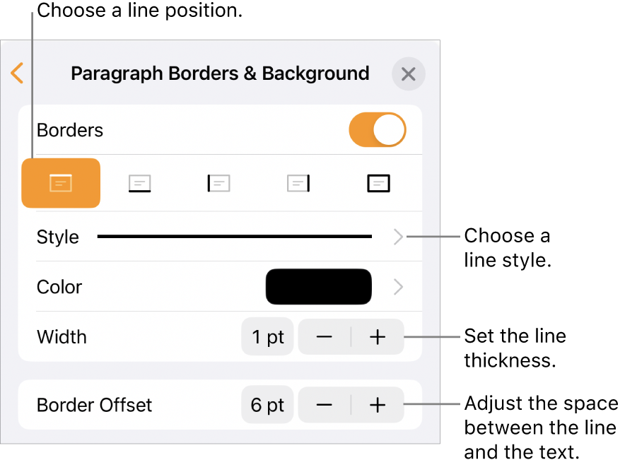 Controls to change the line style, thickness, position, and color.