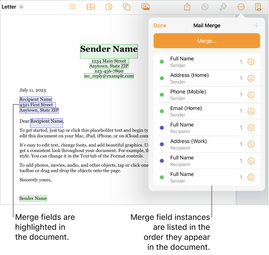 Pages document with recipient and sender merge fields, and the merge field instances list visible in the Document sidebar.