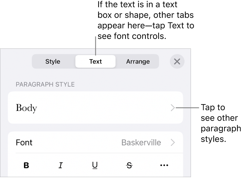 The Format menu showing text controls for setting paragraph and character styles, font, size, and color.