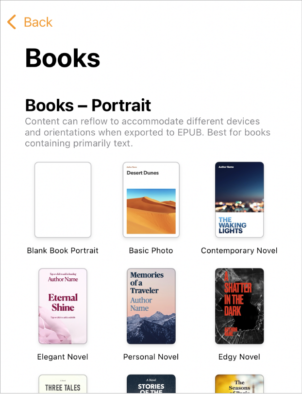 The template chooser with book templates in portrait orientation at the top and landscape orientation below.