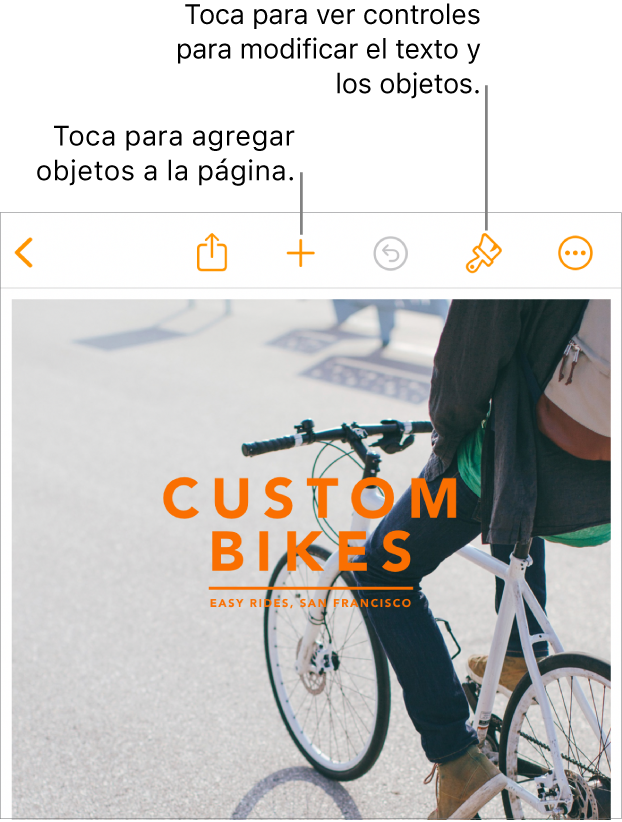 Documento de Pages con botones en la barra de herramientas para abrir los controles de formato y agregar objetos.
