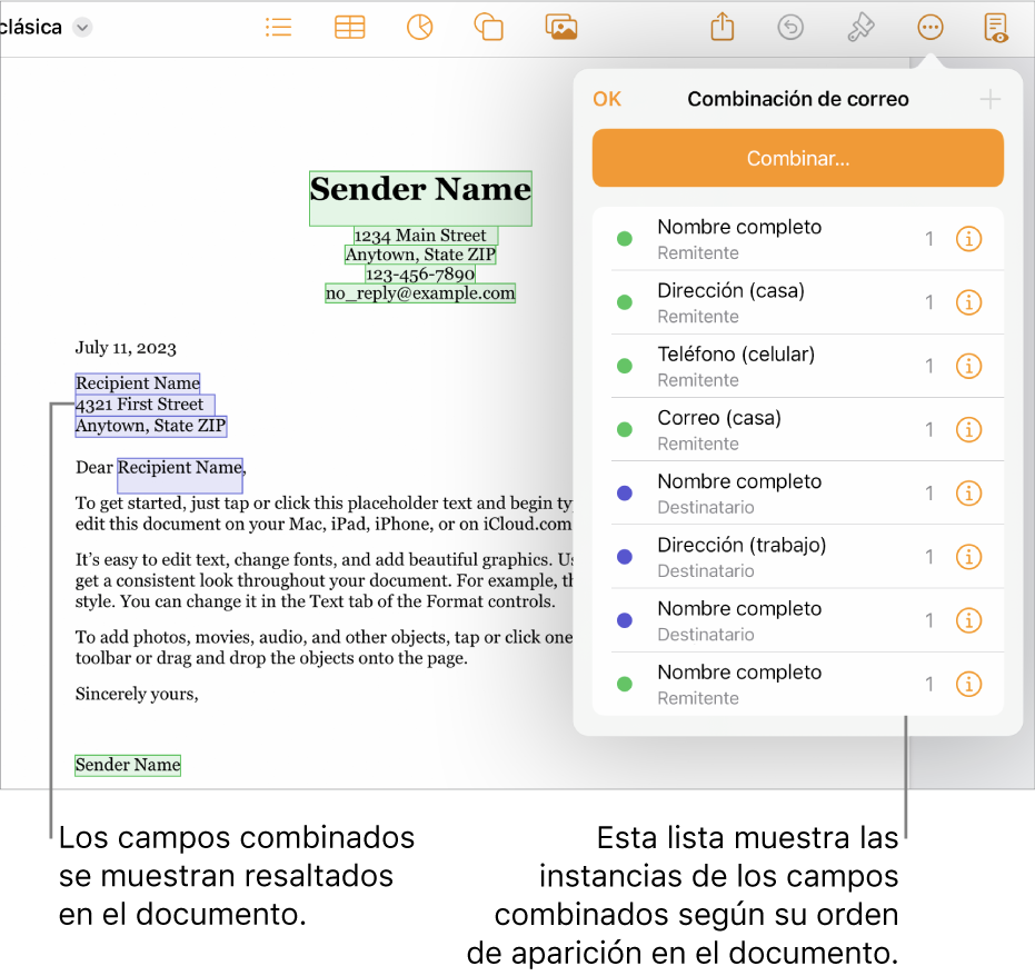 Documento de Pages con campos de combinación del remitente y del destinatario, y la lista de casos de campos de combinación visible en la barra lateral del documento.