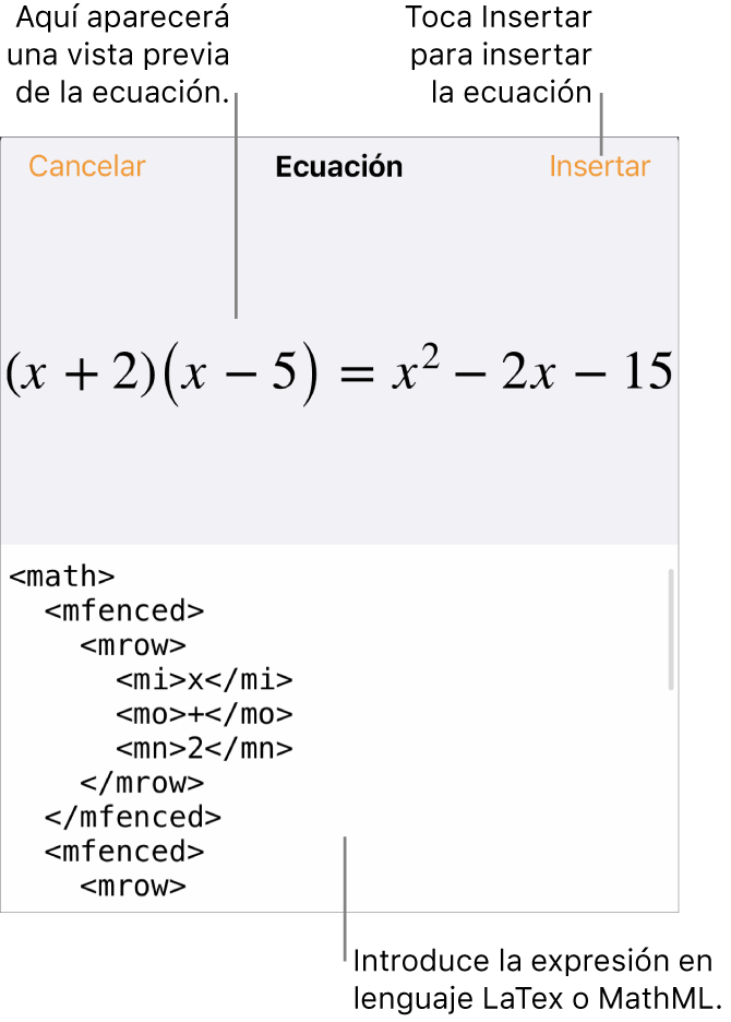 El diálogo Ecuación con una ecuación escrita con comandos de MathML y una previsualización de la fórmula encima.