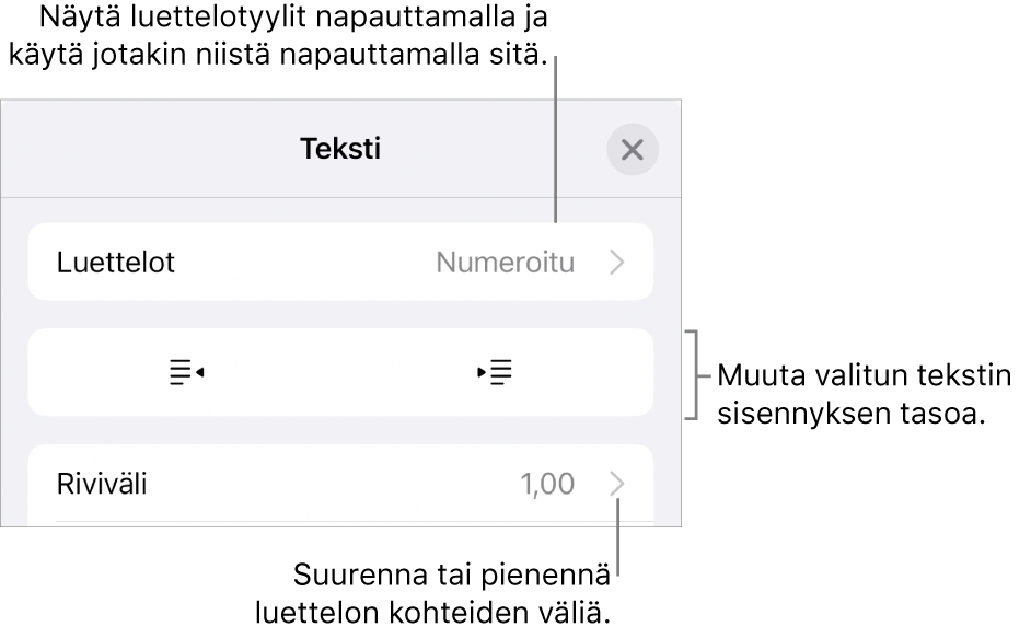 Muoto-säätimien Luettelot-osio, jossa on selitteet Luetteloihin, ulonnus- ja sisennyspainikkeisiin ja rivivälisäätimiin.