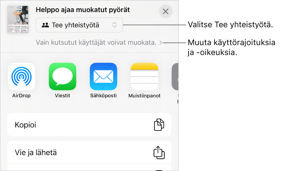 Jaa-valikko, jossa on ylhäällä valittuna Tee yhteistyötä, ja sen alla ovat käyttöoikeus- ja lupa-asetukset.