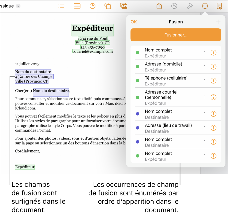 Document Pages avec champs de fusion de destinataire et d’expéditeur, et la liste des instances de champs de fusion visible dans la barre latérale Document.