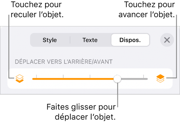 Le bouton de déplacement vers l’arrière, le bouton de déplacement vers l’avant et le curseur de superposition.