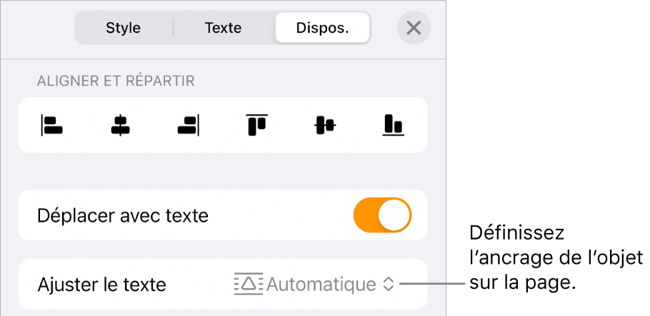 Commandes Disposition avec les options Déplacer avec texte et Ajustement du texte.