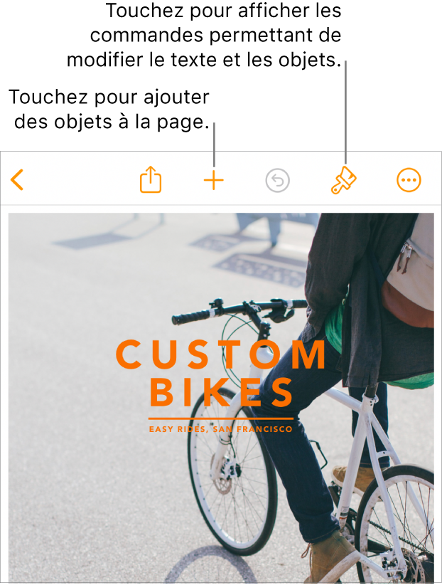 Un document Pages avec les boutons de la barre d’outils permettant d’ouvrir les commandes de format et d’ajout d’objets.