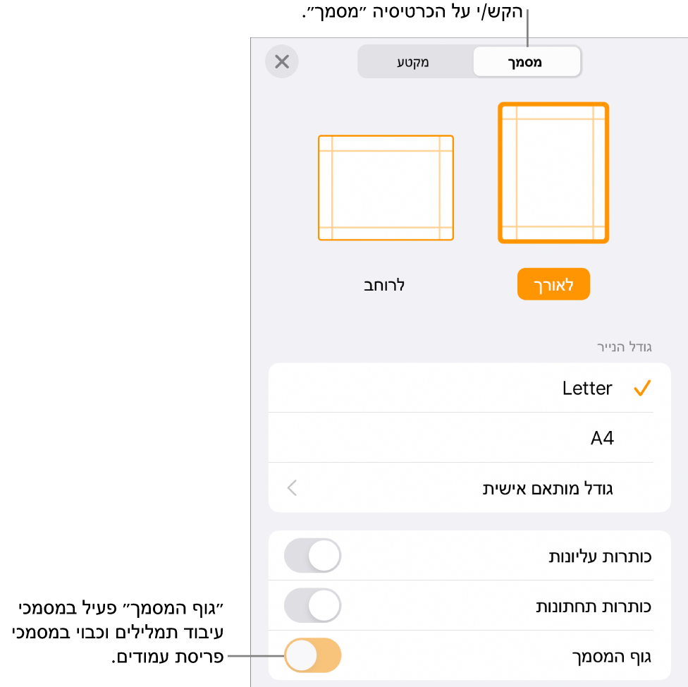 כלי הבקרה של עיצוב ״מסמך״ עם ״גוף המסמך״ מופעל קרוב לתחתית המסך.