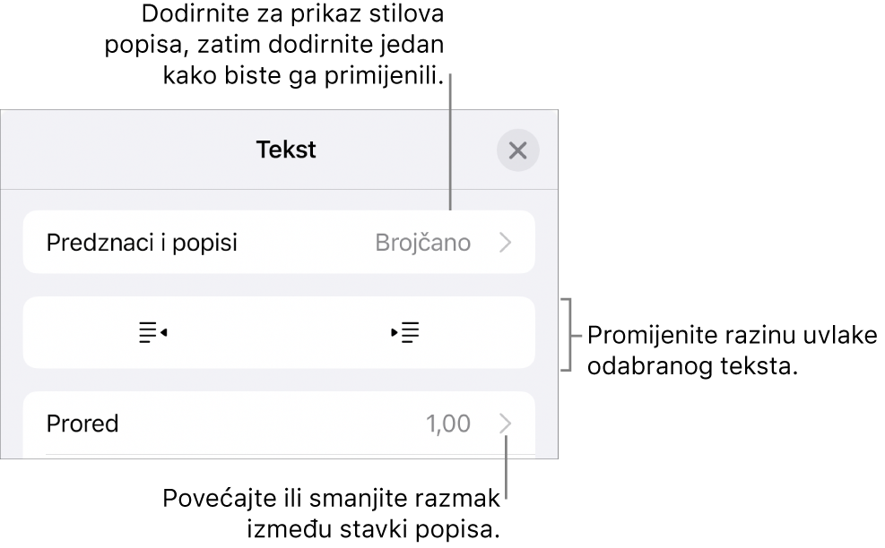 Odjeljak Predznaci i popisi kontrola formatiranja s oblačićima na Predznake i popise, tipke za izvlake i uvlake i kontrole razmaka između redaka.