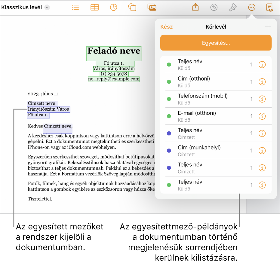 Egy Pages-dokumentum címzett és feladó Körlevélmezőkkel. A körlevélmező előfordulási lista a Dokumentum oldalsávon látható.