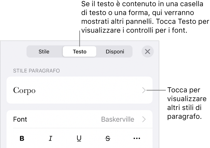 Menu Formato con controlli di testo per impostare stili carattere e paragrafo, font, dimensione e colore.