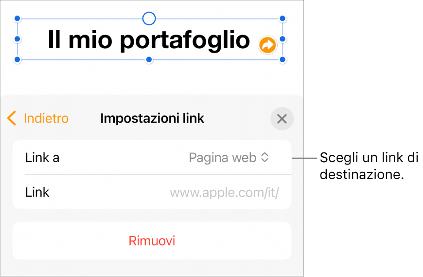 I controlli delle impostazioni dei link con la pagina web selezionata e con il pulsante per rimuovere il link mostrato in basso.