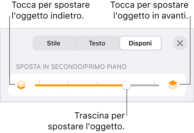 Pulsante sposta indietro, pulsante sposta avanti e cursore livelli.