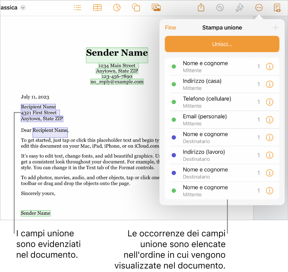 Documento di Pages con i campi unione del destinatario e del mittente e l’elenco delle istanze dei campi unione visibile nella barra laterale del documento.