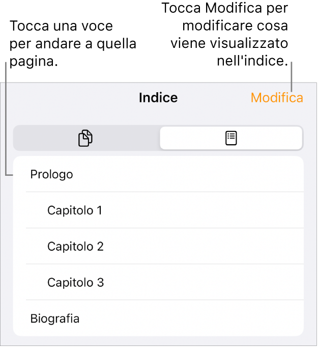 La vista indice con le intestazioni in un elenco. Nell’angolo superiore destro c’è un pulsante Modifica, mentre nella parte inferiore ci sono i pulsanti “Miniature pagina” e Indice.