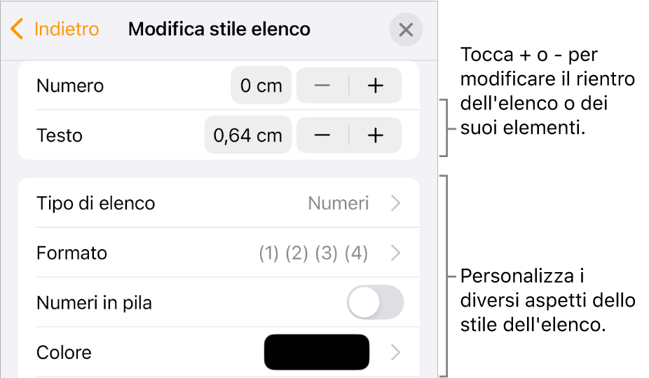 Il menu “Modifica stili elenco” con i controlli per la spaziatura dei rientri, i diversi tipi di elenchi e formati, i numeri in pila e le opzioni per “Spaziatura linea”.