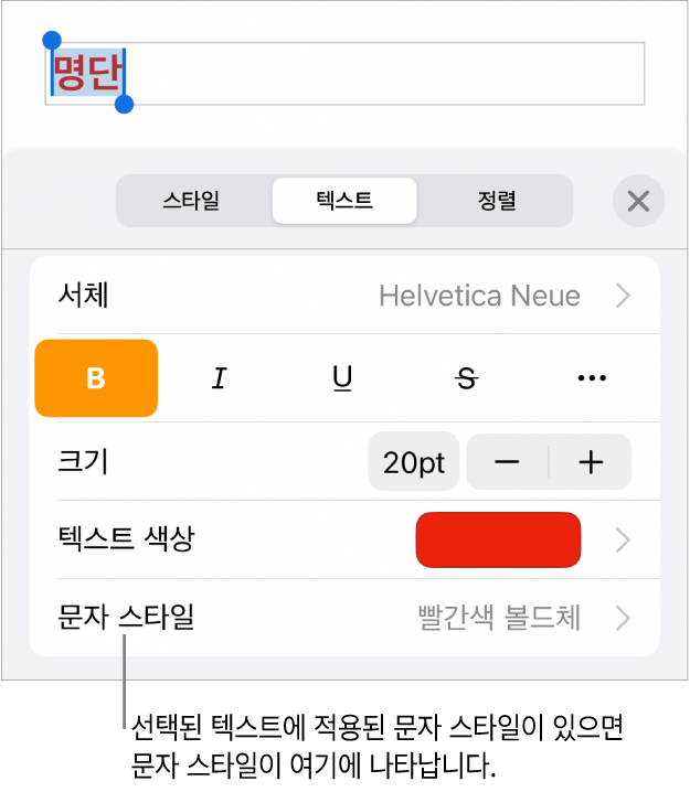 색상 제어기 아래 문자 스타일이 있는 텍스트 포맷 제어기. 문자 스타일 없음이 별표와 함께 표시됨.