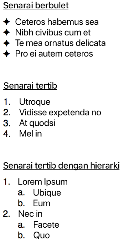 Contoh senarai berbulet, tersusun dan berhierarki.