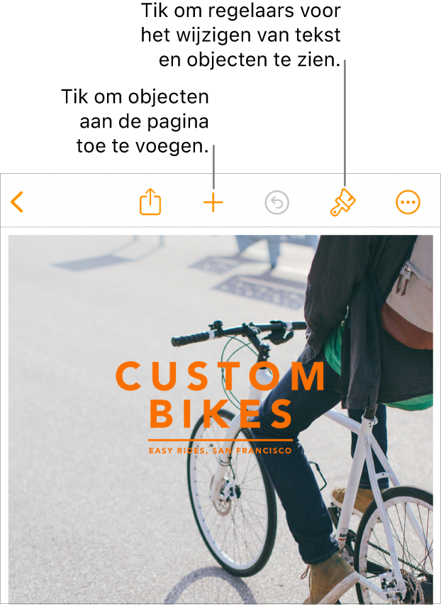 Een Pages-document met knoppen in de knoppenbalk voor het openen van de opmaakregelaars en het toevoegen van objecten.