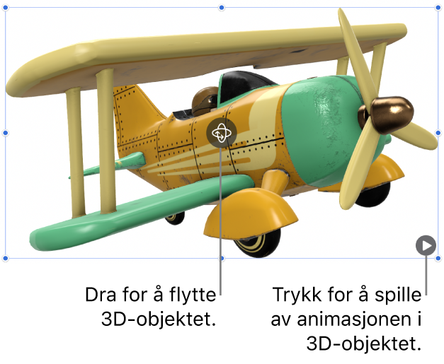 Et 3D-objekt med Roter-knappen i midten av objektet og Spill av-knappen nederst til høyre.