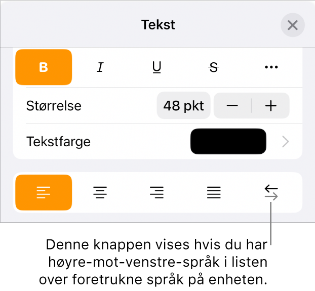 Tekstkontroller i Format-menyen med en bildeforklaring som peker på Høyre til venstre-knappen.