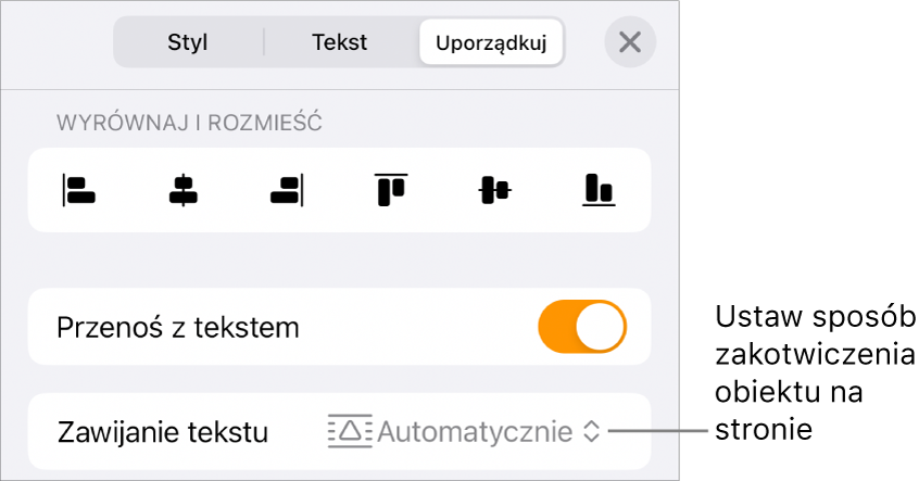 Narzędzia porządkowania: Przenoś z tekstem i Oblewanie tekstem.