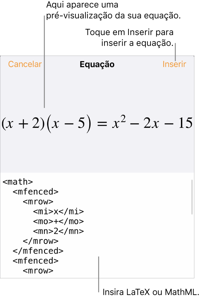 O diálogo de Equação, mostrando uma equação escrita com comandos MathML e uma pré-visualização da fórmula acima.