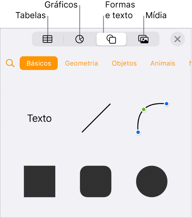 Controles de Inserir abertos com botões na parte superior para adicionar tabelas, gráficos, texto, formas e mídia.