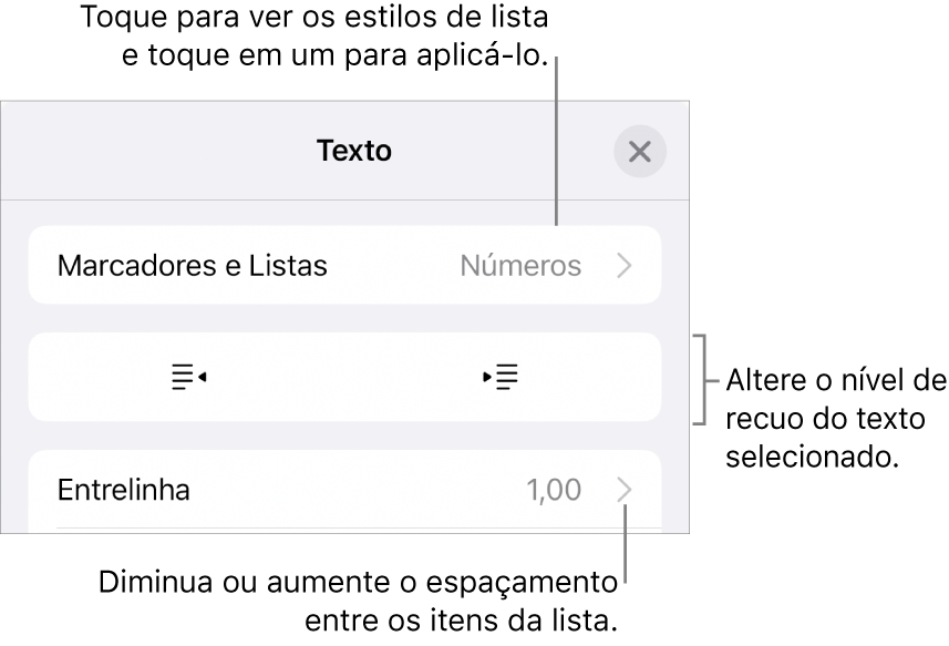 Seção “Marcadores e Listas” dos controles de Formatação, com chamadas para “Marcadores e Listas”, botões para aumentar ou diminuir o recuo e controles de entrelinha.