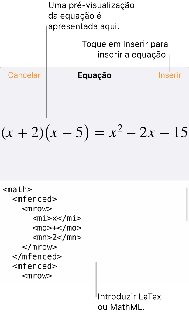 A caixa de diálogo “Equação”, apresentando uma equação escrita com recurso aos comandos MathML e uma pré-visualização da fórmula em cima.