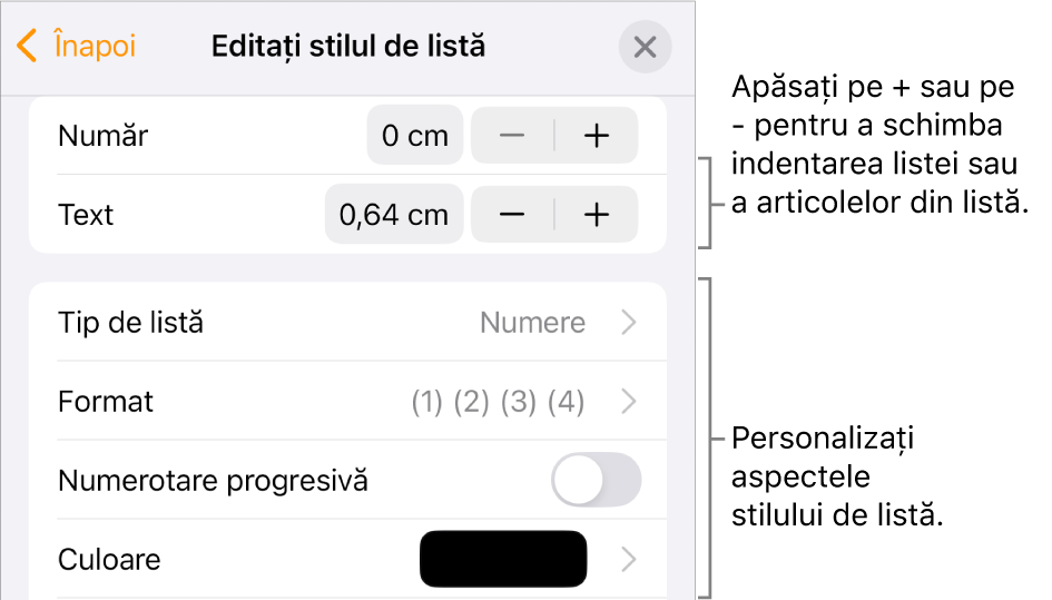 Meniul Editați stilul de listă, cu comenzile pentru spațierea indentărilor, tipurile și formatele de liste, numerotare progresivă și spațierea liniilor.