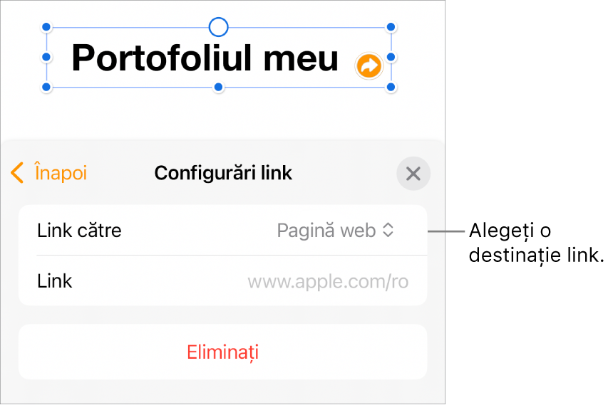 Comenzile Configurări link cu opțiunea Pagină web selectată și butonul Eliminați în partea de jos.