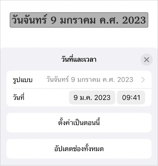 ตัวควบคุมวันที่และเวลาที่แสดงเมนูที่แสดงขึ้นสำหรับรูปแบบวันที่ และปุ่มตั้งค่าเป็นตอนนี้และปุ่มอัปเดตช่องทั้งหมด