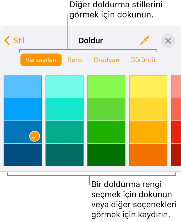 Biçim düğmesinin Stil sekmesindeki Doldur seçenekleri.