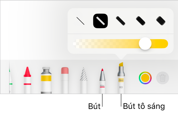 Menu công cụ Chú thích thông minh với các nút bút và công cụ tô sáng, tùy chọn chiều rộng của đường và thanh trượt độ chắn sáng.