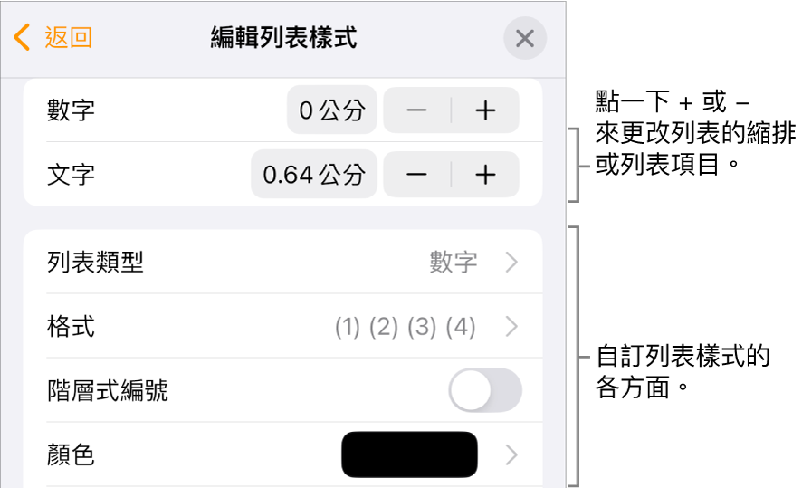「編輯列表樣式」選單包含縮排間距、列表類型和格式、階層式編號、以及行距的控制項目。