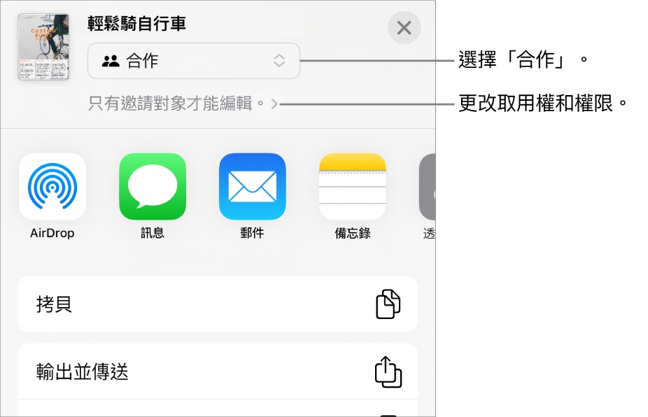 「分享」選單的最上方已選取「合作」，其下方為取用和權限設定。