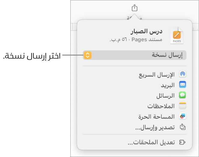 القائمة مشاركة حيث يظهر بها الخيار إرسال نسخة محددًا في الجزء العلوي.