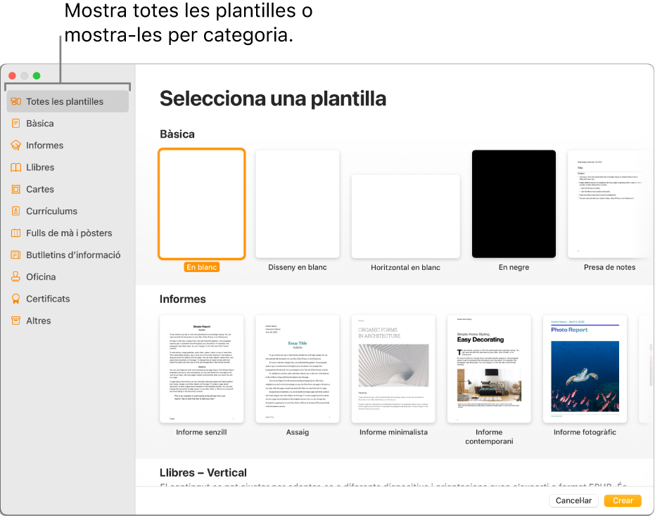 El selector de plantilles. Barra lateral a l’esquerra que mostra la llista de categories de plantilles que pots clicar per filtrar opcions. A la dreta hi ha miniatures de plantilles predissenyades ordenades en files per categoria: la primera, a la part superior, és Bàsiques, seguida per Informes i Llibres (en vertical). Es mostren els menús desplegables Idioma i Regió a l’angle inferior esquerre i els botons Cancel·lar i Crear a l’angle inferior dret.