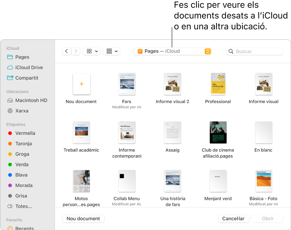 El quadre de diàleg Obrir, amb la barra lateral oberta a l’esquerra i l’iCloud Drive seleccionat al menú desplegable de la part superior. Les carpetes del Keynote, el Numbers i el Pages apareixen al quadre de diàleg juntament amb el botó “Nou document”.