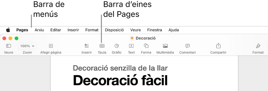 La barra de menú a la part superior de la pantalla amb els menús Apple, Pages, Arxiu, Editar, Inserir, Format, Ordenar, Veure, Compartir, Finestra i Ajuda. A sota de la barra de comentaris hi ha obert un document del Pages amb els botons de barra d’eines Veure, Zoom, “Afegir pàgina”, Inserir, Taula, Gràfic, Text, Forma, Multimèdia i Comentari a la part superior.