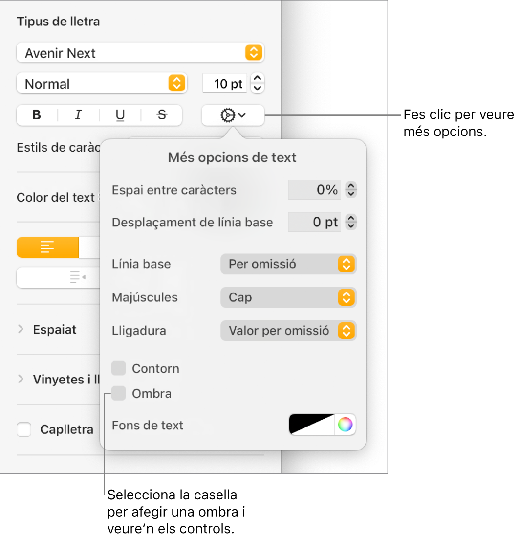 Menú “Opcions avançades” obert amb la casella Ombres marcada i controls per ajustar-ne el difuminat, el desplaçament, l’opacitat, l’angle i el color.