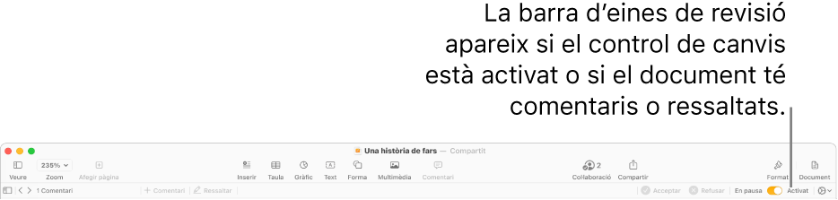 La barra d’eines del Pages amb el control de canvis activat i, a sota, la barra d’eines de revisió.