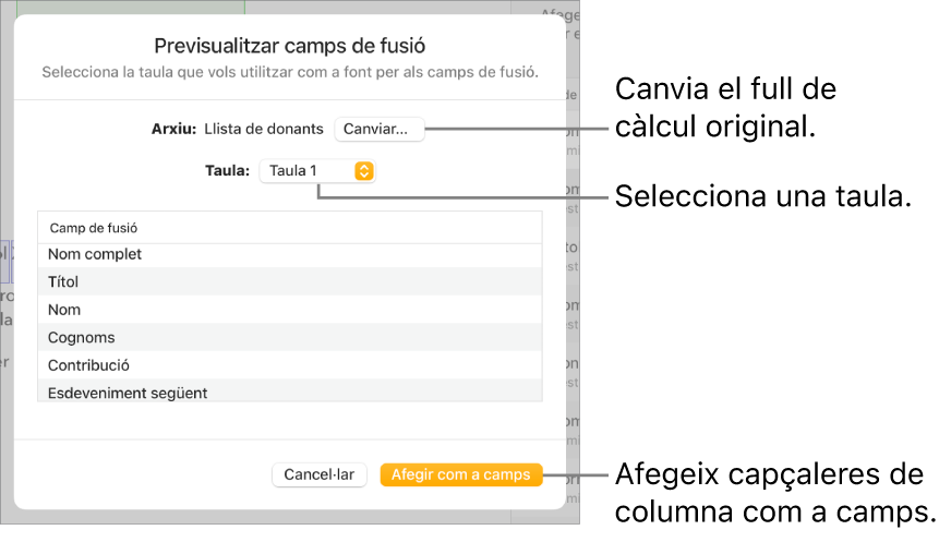 El tauler de previsualització dels camps de fusió obert, que mostra les opcions de canviar l’arxiu o la taula font, previsualitzar els noms dels camps de fusió o afegir les capçaleres de columna com a camps.