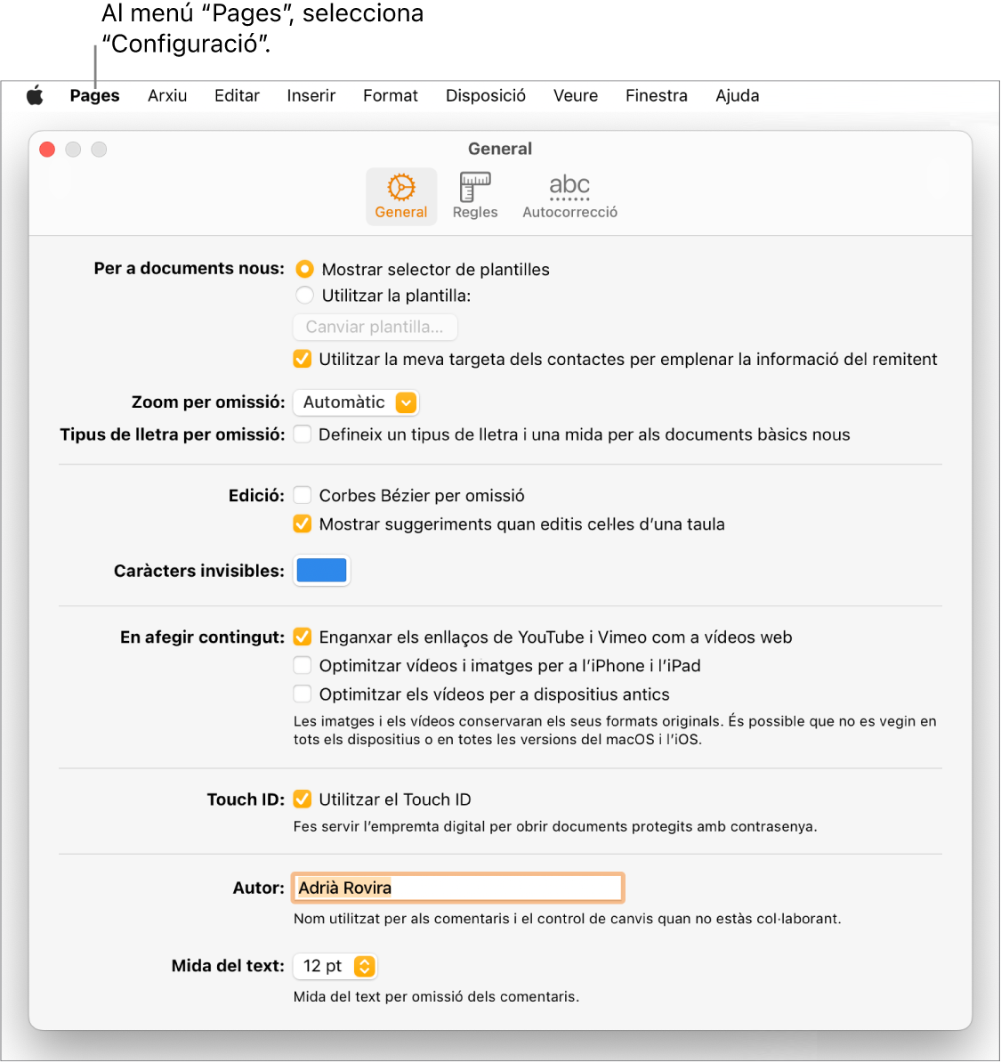 El tauler de configuració del Pages obert a la pestanya General.