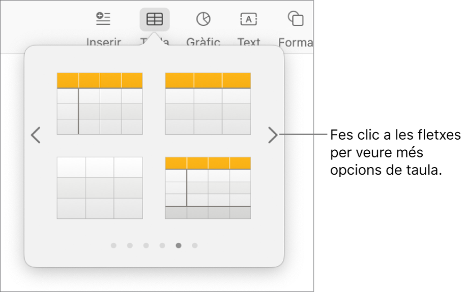 El menú “Afegir taula”, amb les fletxes de navegació.